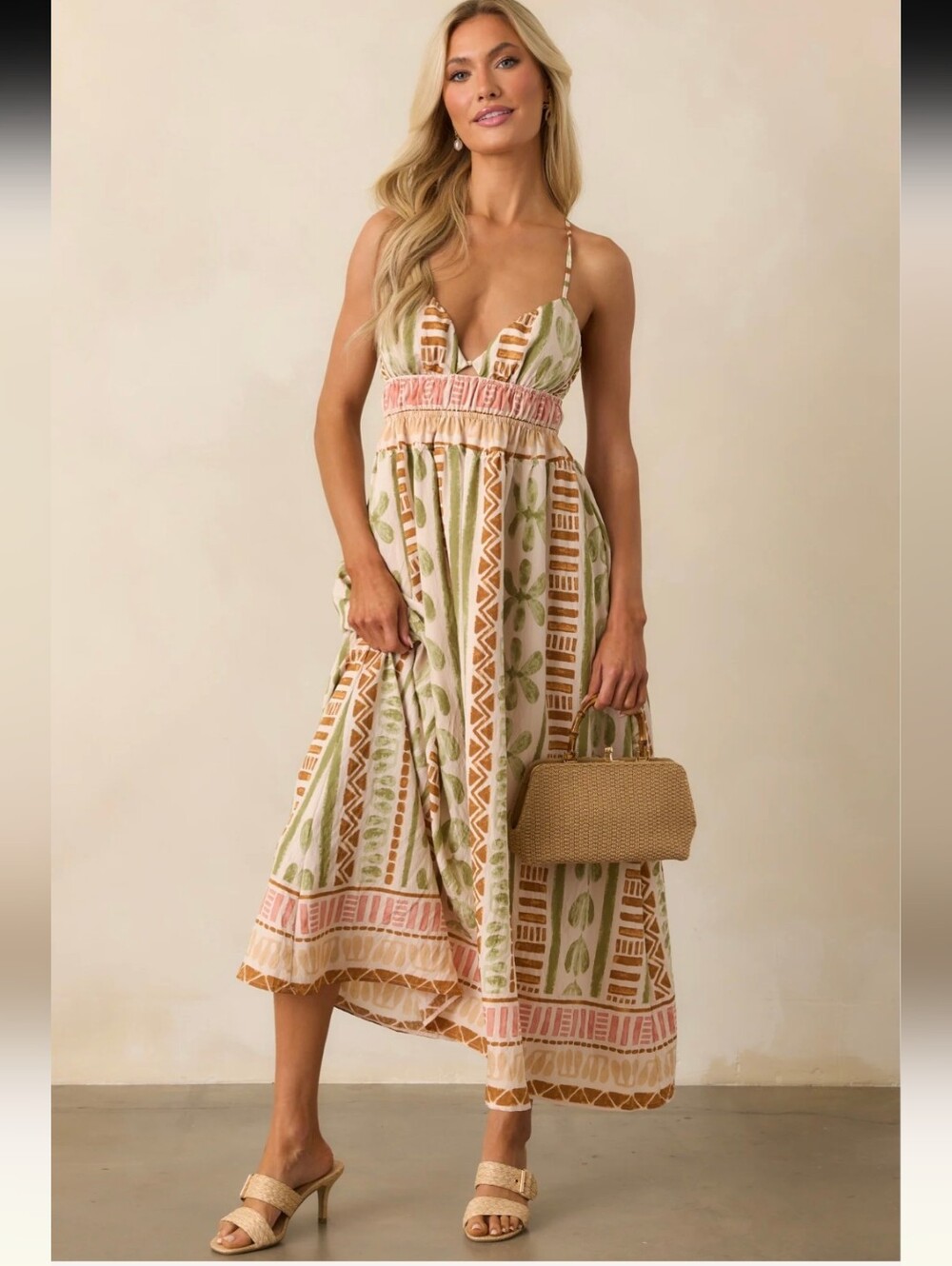  Light Beige Tropical Print Maxi Dress